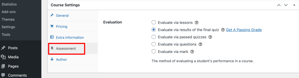 Esta es una imagen que muestra cómo configurar la evaluación de un curso usando el complemento LearnPress.