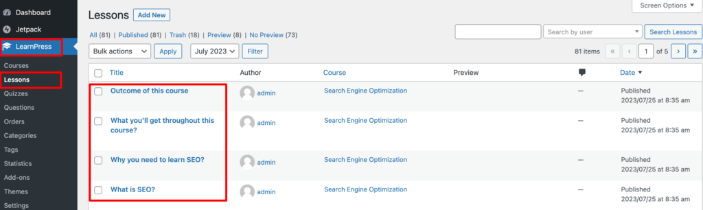 Esta é uma captura de tela da lista de aulas de um curso criado por LearnPress.