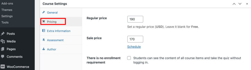 Ini adalah tangkapan layar antarmuka pengaturan Kursus pada plugin LearnPress.