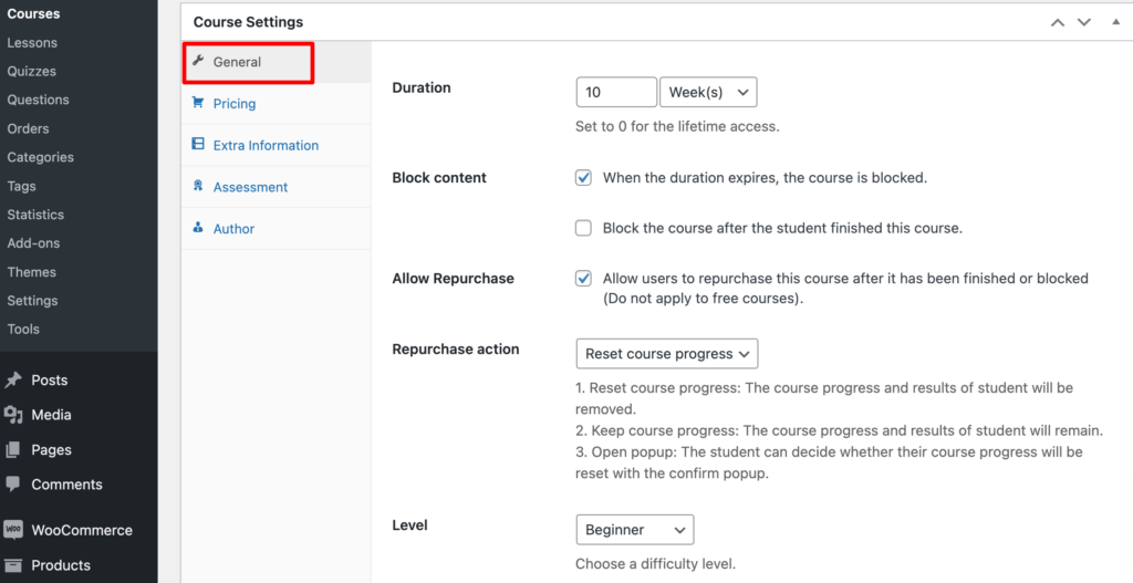 Ini adalah tangkapan layar yang menunjukkan cara mengonfigurasi kursus menggunakan plugin LearnPress