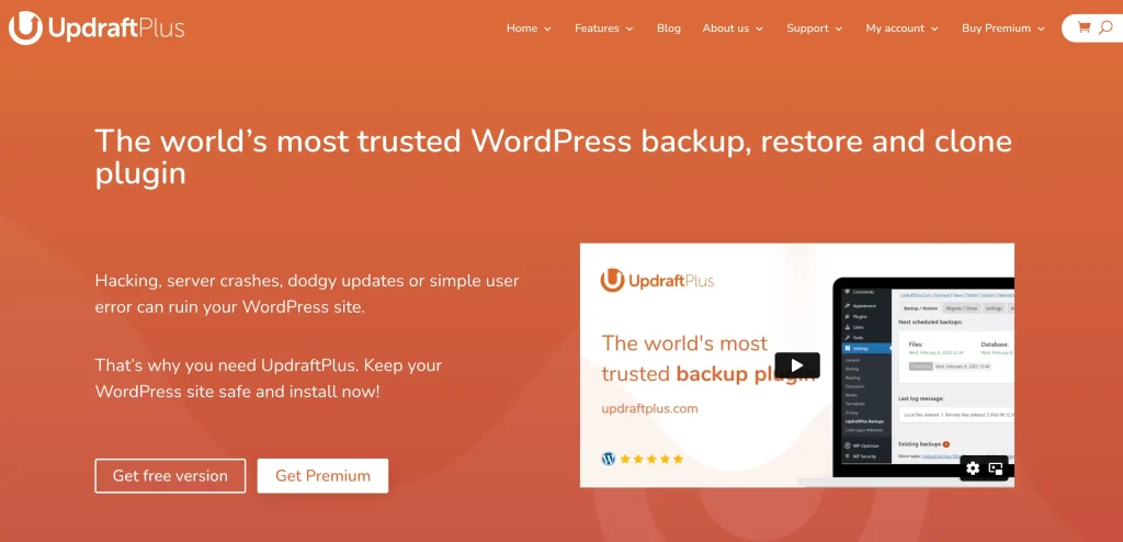 screenshot della home page di updraftplus dove puoi ottenere il plug-in e fare facilmente il backup, ripristinare o clonare il tuo sito WordPress