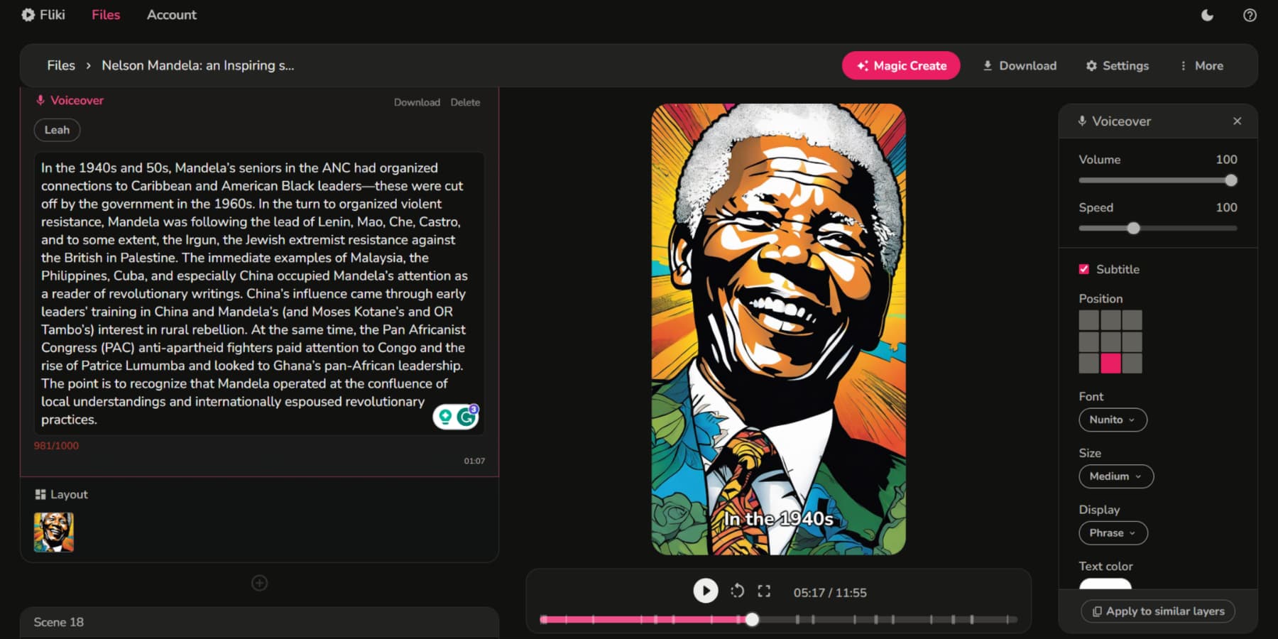 使用 Fliki AI 创建讲述纳尔逊·曼德拉故事的视频的屏幕截图