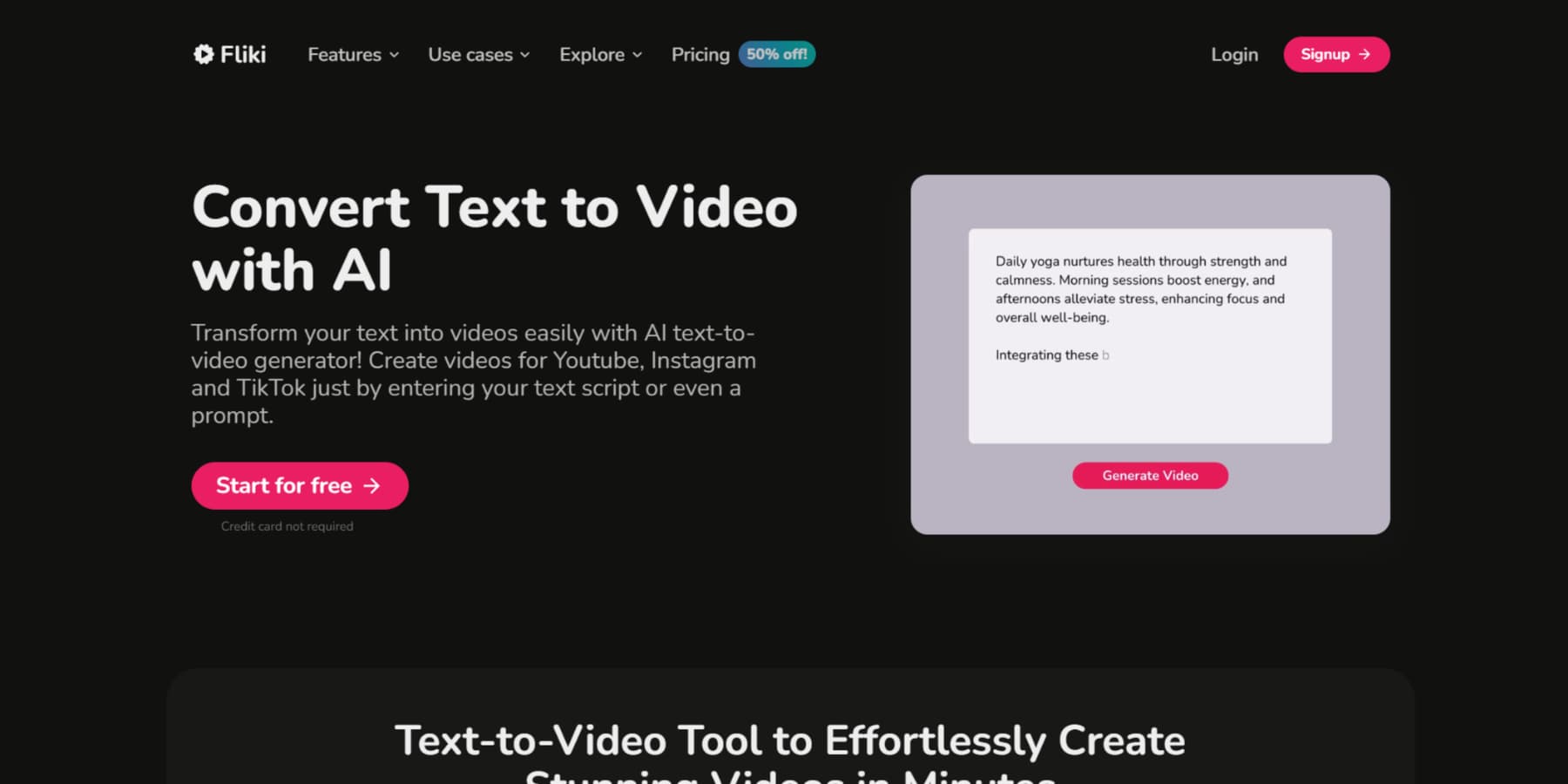 Uno screenshot della home page Text to Video di Fliki AI