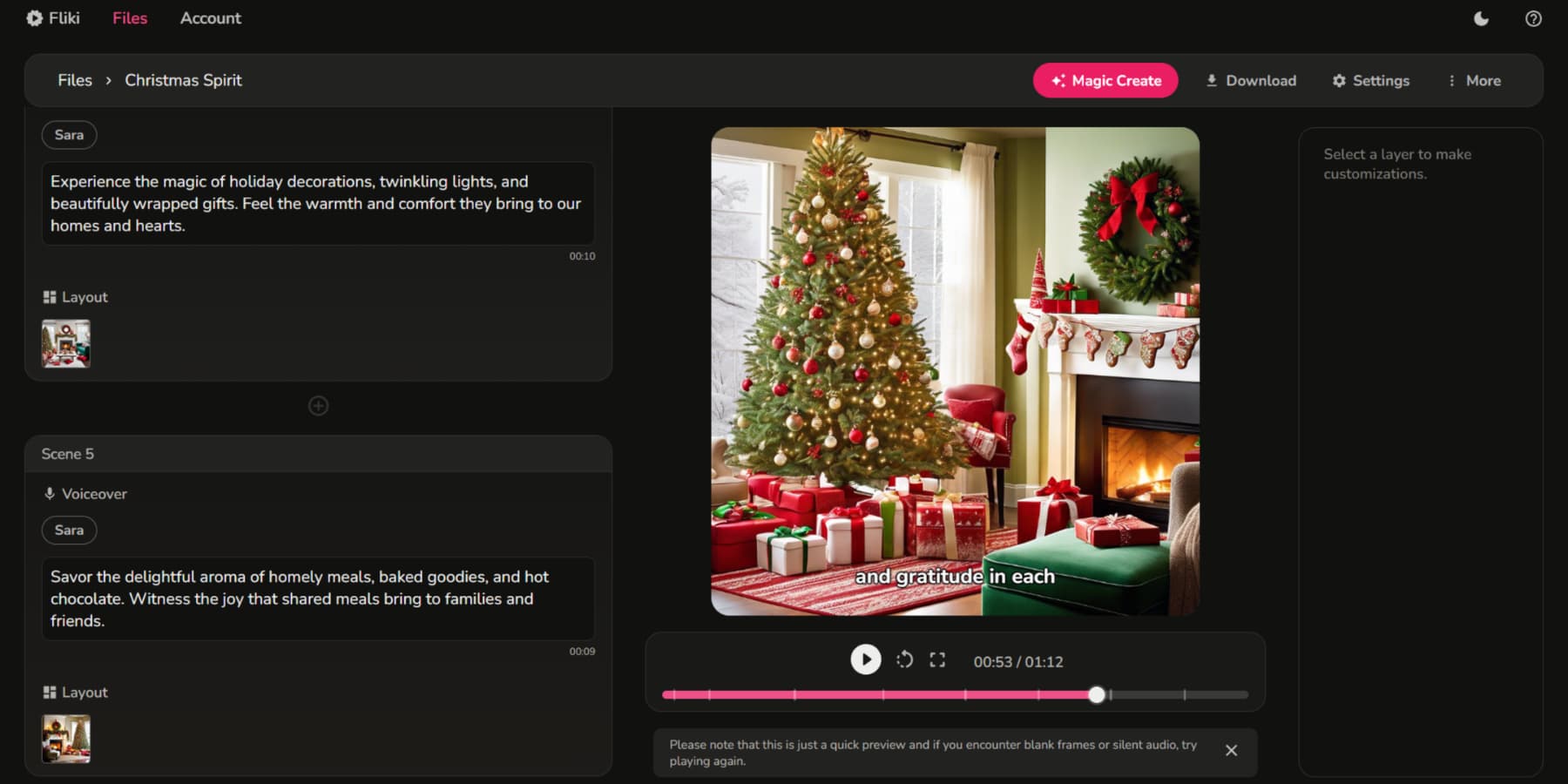 Fliki AI를 사용하여 제작 중인 크리스마스 광고 스크린샷