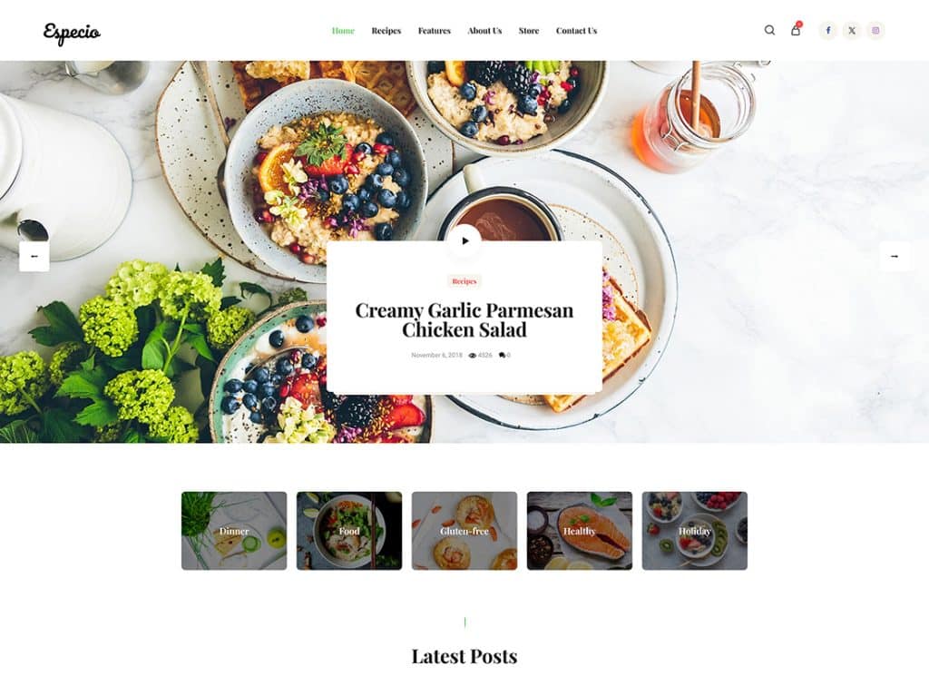 Especio - Thème WordPress pour le blog culinaire personnel de Gutenberg