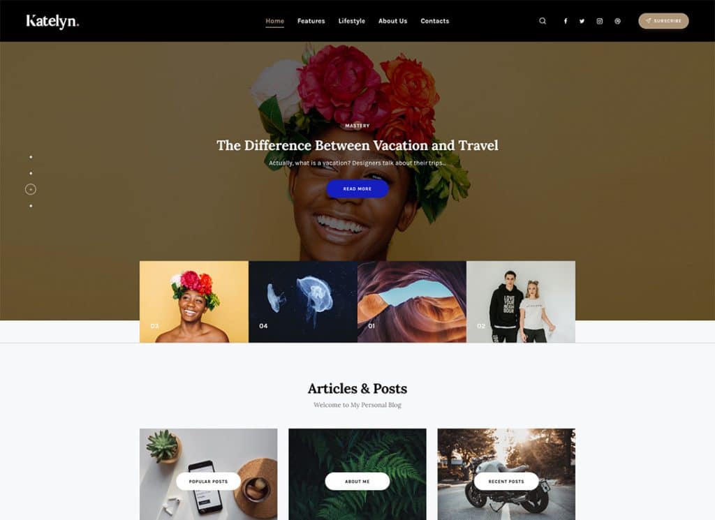 Katelyn — motyw WordPress na kreatywnym blogu Gutenberga