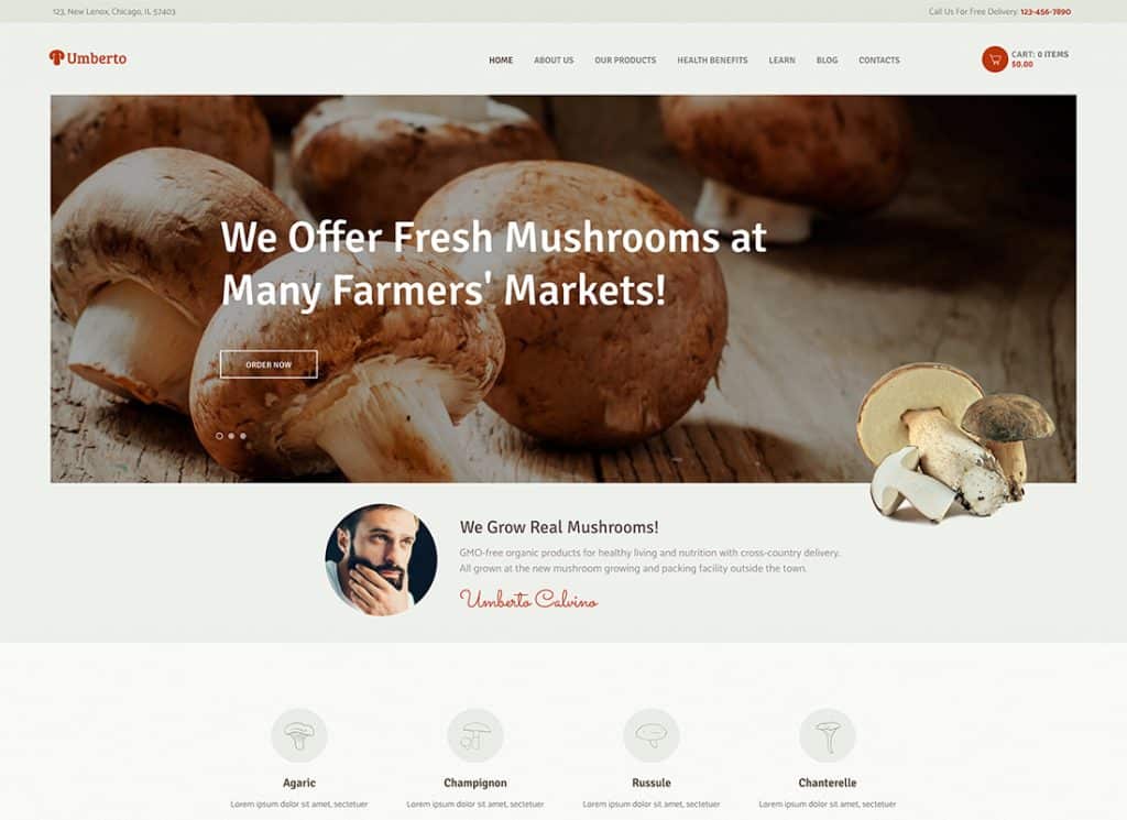 Motyw WordPress Umberto - Farma grzybów i sklep z produktami organicznymi