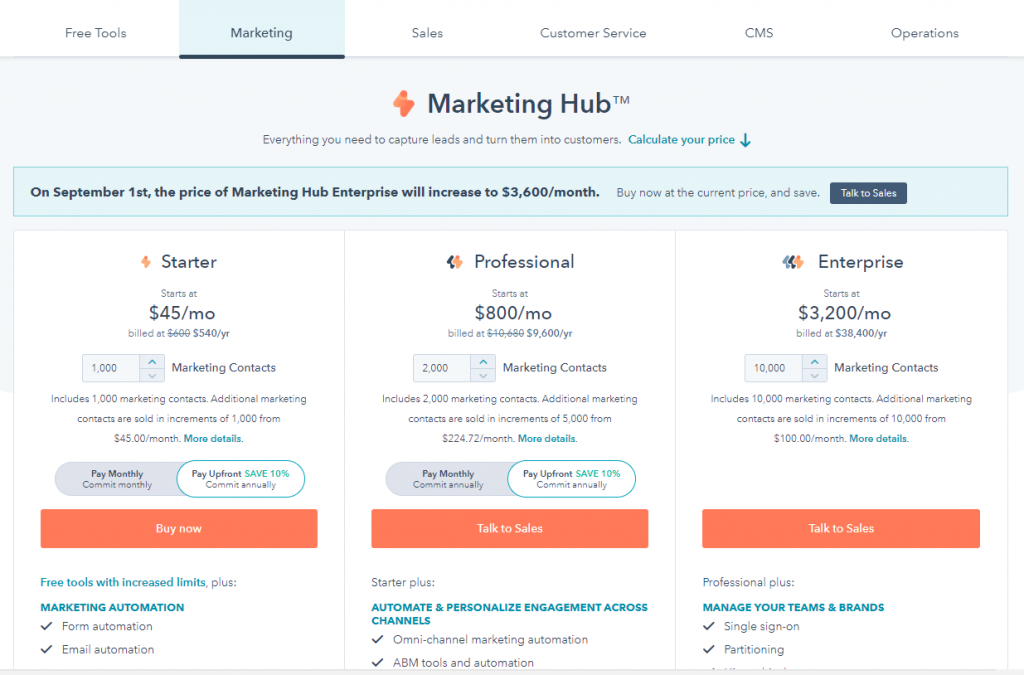 Hubspot marketing price and plan