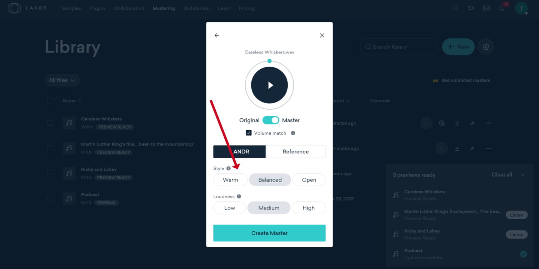 Uno screenshot degli stili di mastering basati sull'intelligenza artificiale di LANDR