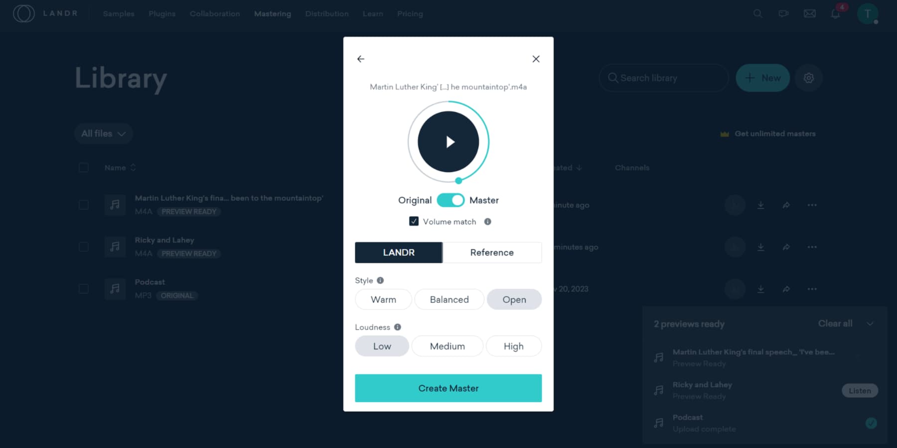 Une capture d'écran d'un enregistrement live masterisé avec LANDR