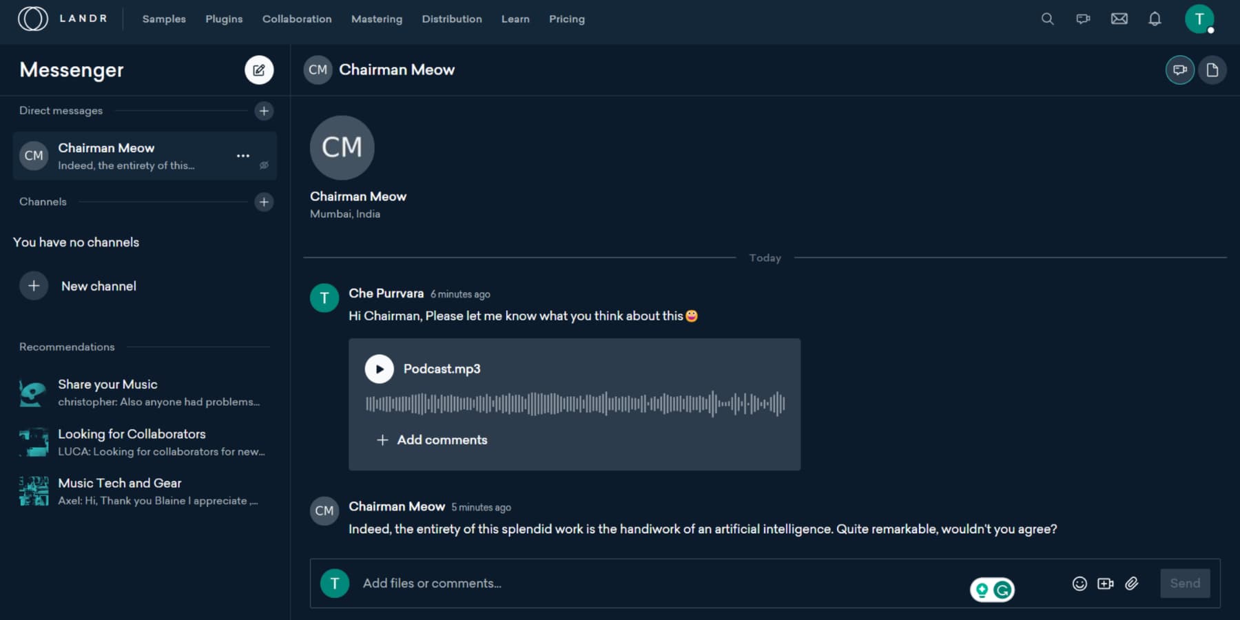 Uno screenshot della messaggistica e della collaborazione con LANDR