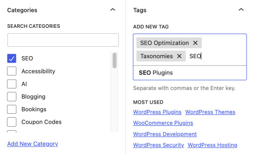 Categorias e tags do WordPress no editor de blocos.