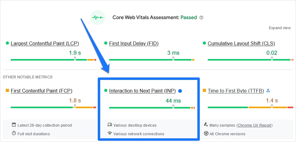 interaction avec la prochaine peinture dans les informations sur la vitesse de la page