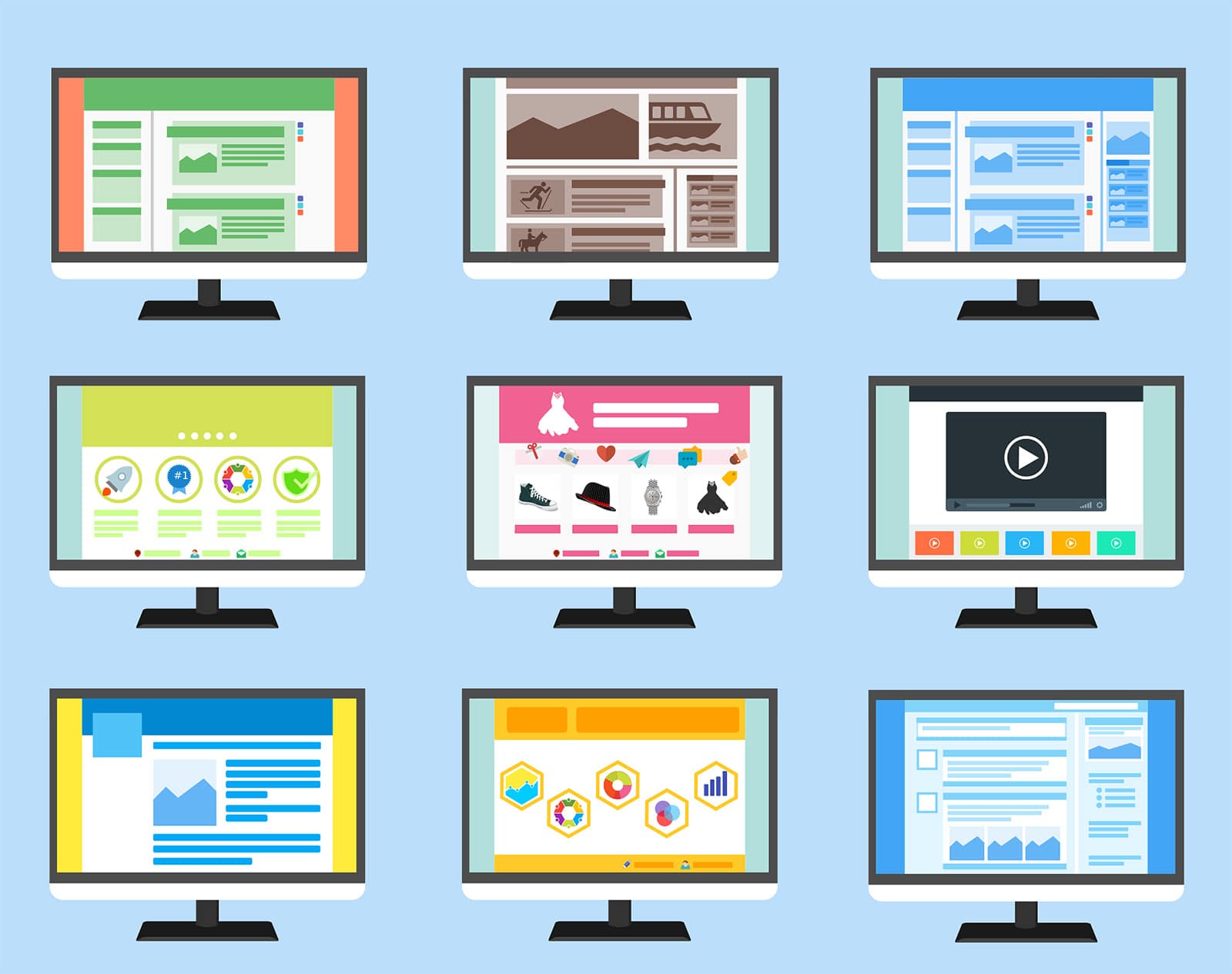 Grafik berbagai tata letak dan kombinasi desain untuk situs web WordPress modern.