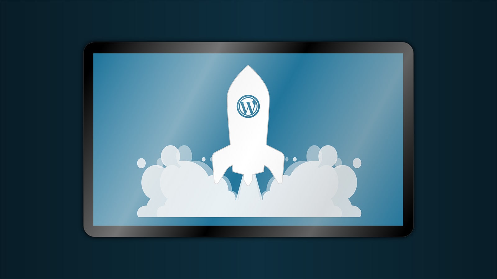 صورة لشعار WordPress على صاروخ وهو ينطلق كرمز لشعبية نظام إدارة المحتوى (CMS) وقوته.