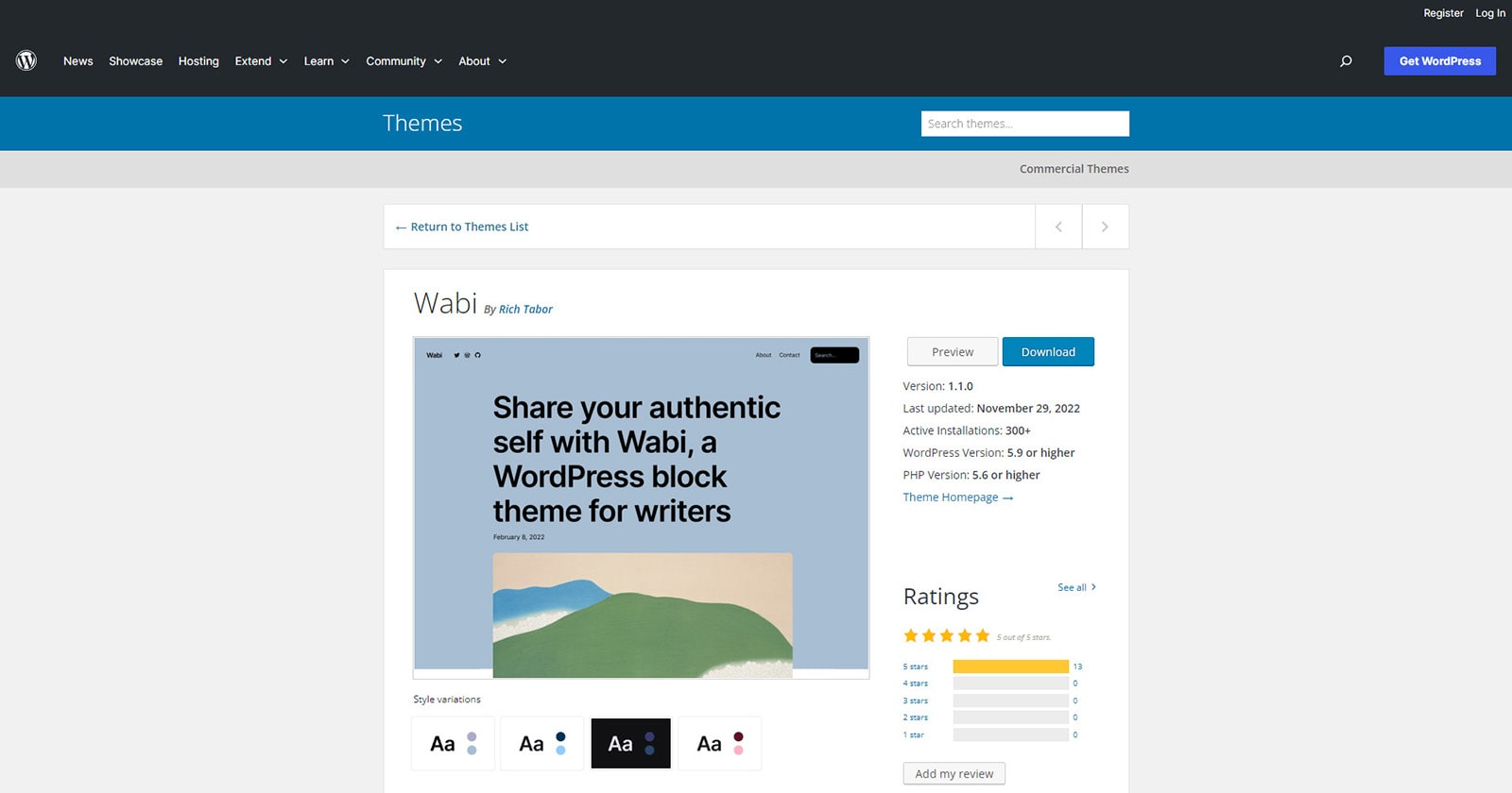 Redarea Wabi, una dintre temele curate pentru blocuri WordPress.