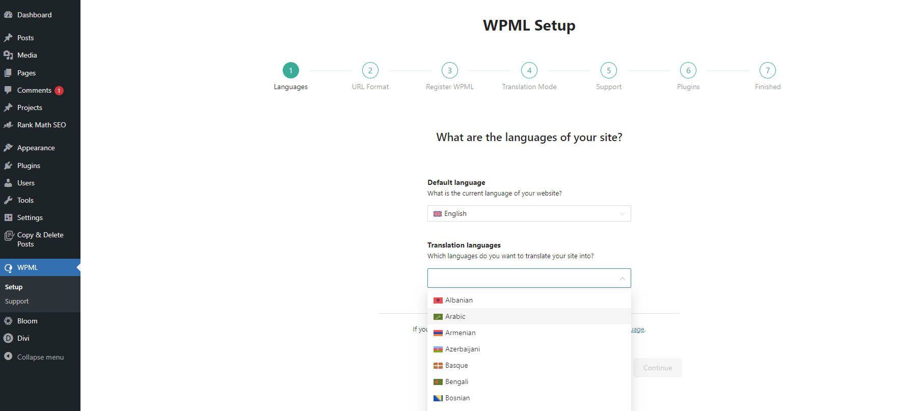 Configurazione dell'onboarding di WPML - Passaggi 1