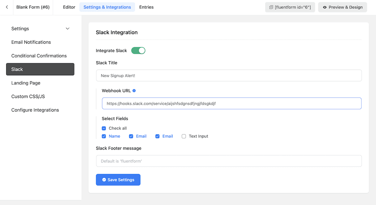 Layar Integrasi Slack dalam Formulir Lancar.