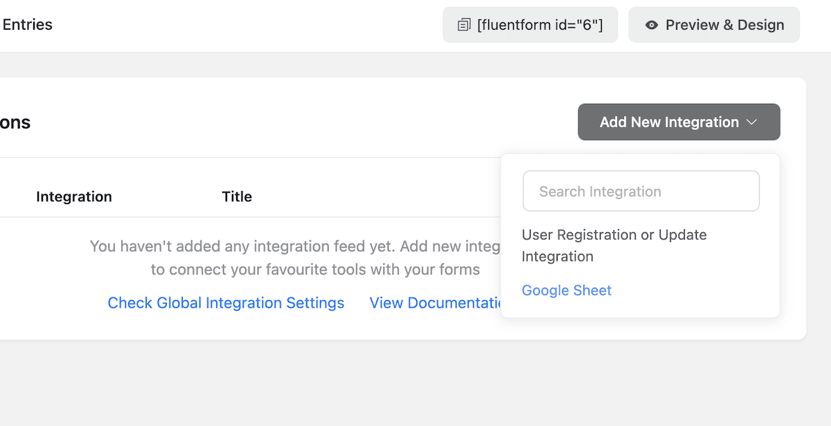 Google Sheets 모듈을 포함한 새 통합 추가 드롭다운의 클로즈업.