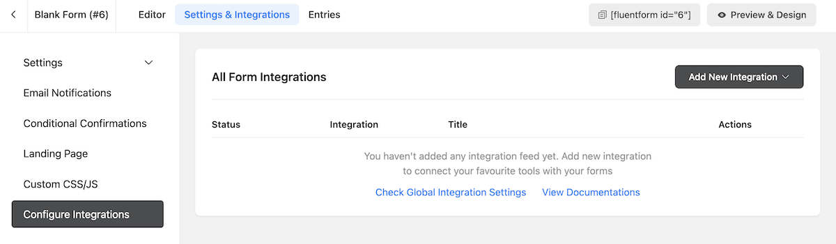 Der Bildschirm „Integrationen konfigurieren“ in Fluent Forms.