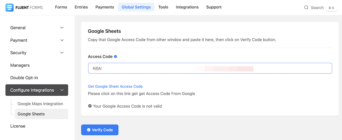 Impostazioni di Fogli Google di Fluent Forms, inclusa la verifica del codice di accesso.