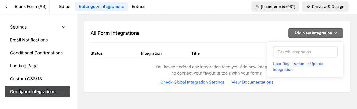 Il menu a discesa Aggiungi nuova integrazione, che mostra il modulo di registrazione dell'utente.