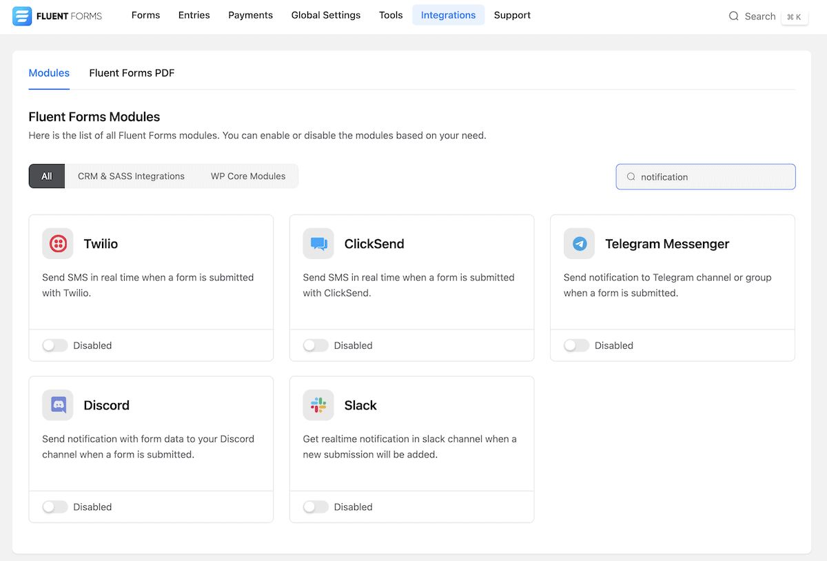 รายการโมดูลการแจ้งเตือนภายในแบบฟอร์ม Fluent