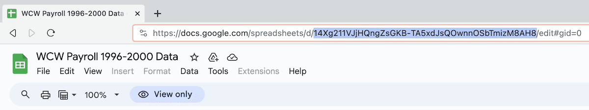 Primo piano della barra del browser che mostra l'ID del foglio di calcolo.