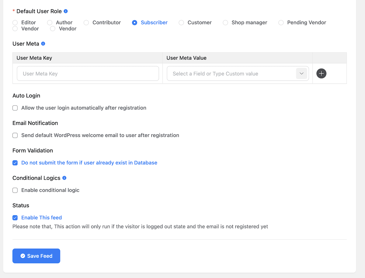 Las configuraciones adicionales dentro de Fluent Forms para configurar registros de usuarios.