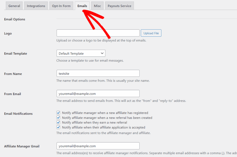 การตั้งค่าอีเมล AffiliateWP