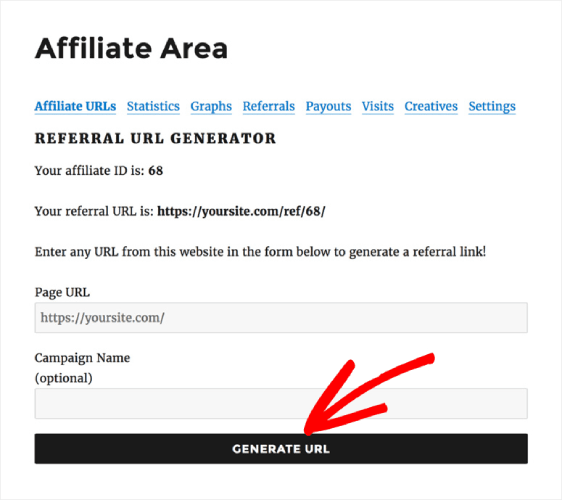 generatore di URL di riferimento affiliatewp