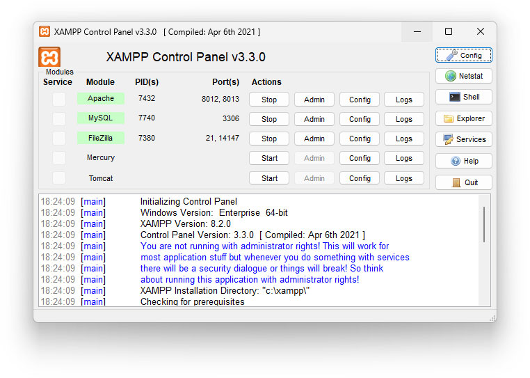 لوحة التحكم xampp