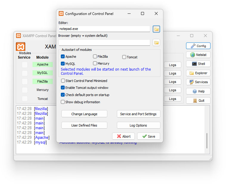 ส่วนติดต่อผู้ใช้ xampp