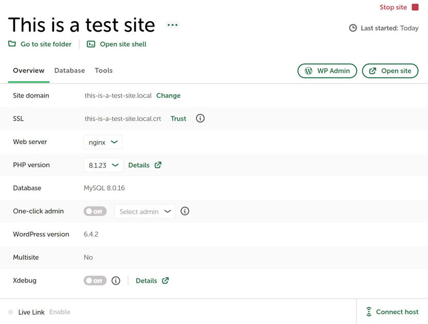 opções de configuração de site local