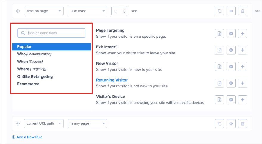 Opciones de reglas de visualización de OptinMonster