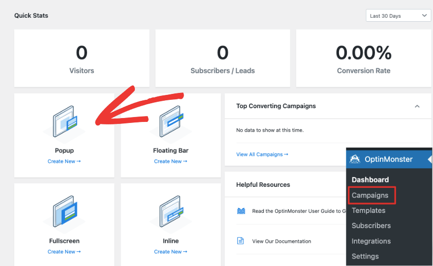 Создать всплывающее окно в панели инструментов WordPress OptinMonster