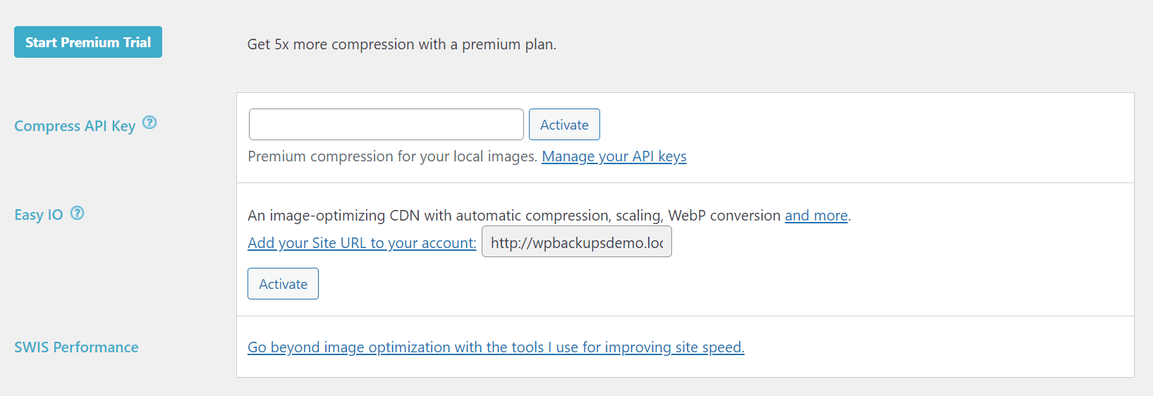 Ewww Image Optimizer Premium-Aktivierungseinstellungen