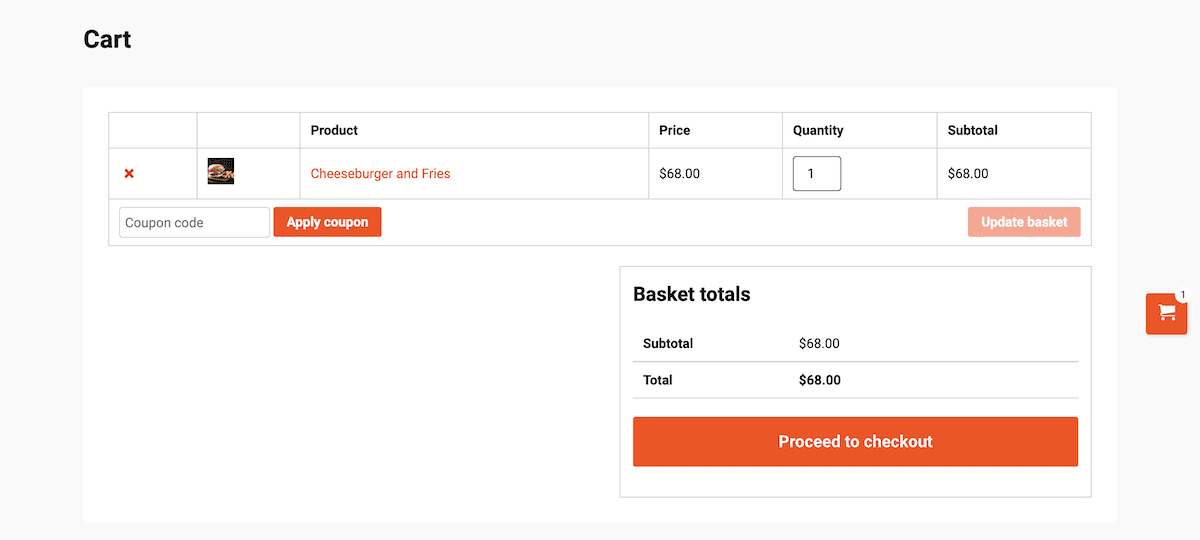 Un écran de panier frontal de WP Food Manager.