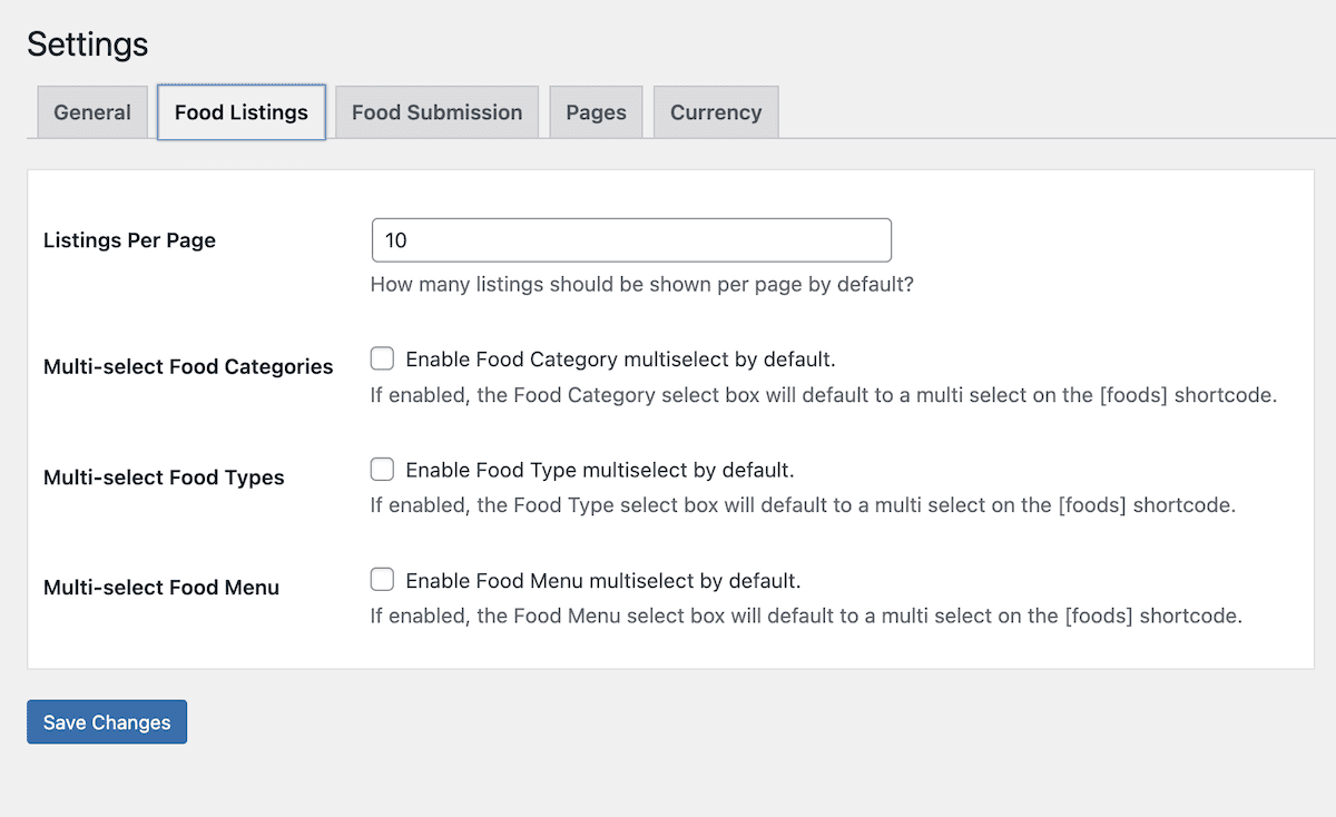 La página Listados de alimentos dentro de la configuración de WP Food Manager.