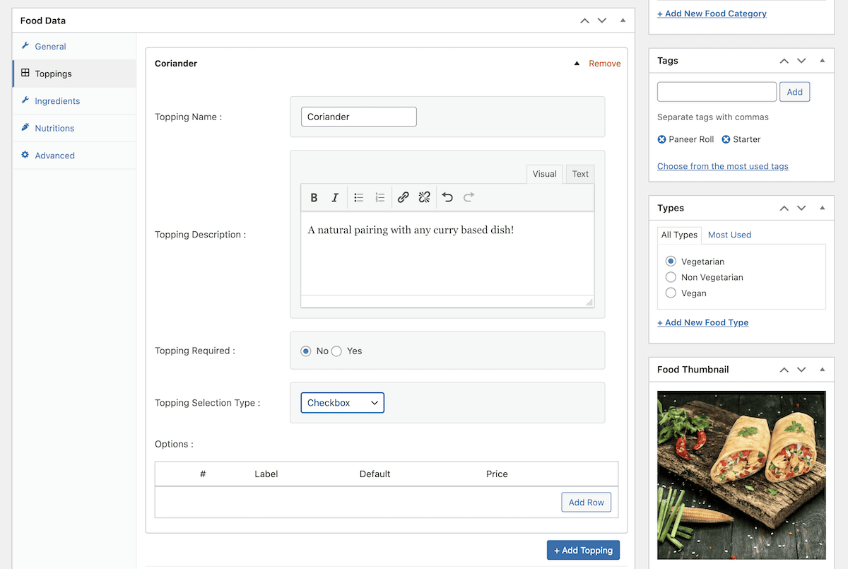 El metabox de datos de alimentos en el back-end de WP Food Manager.