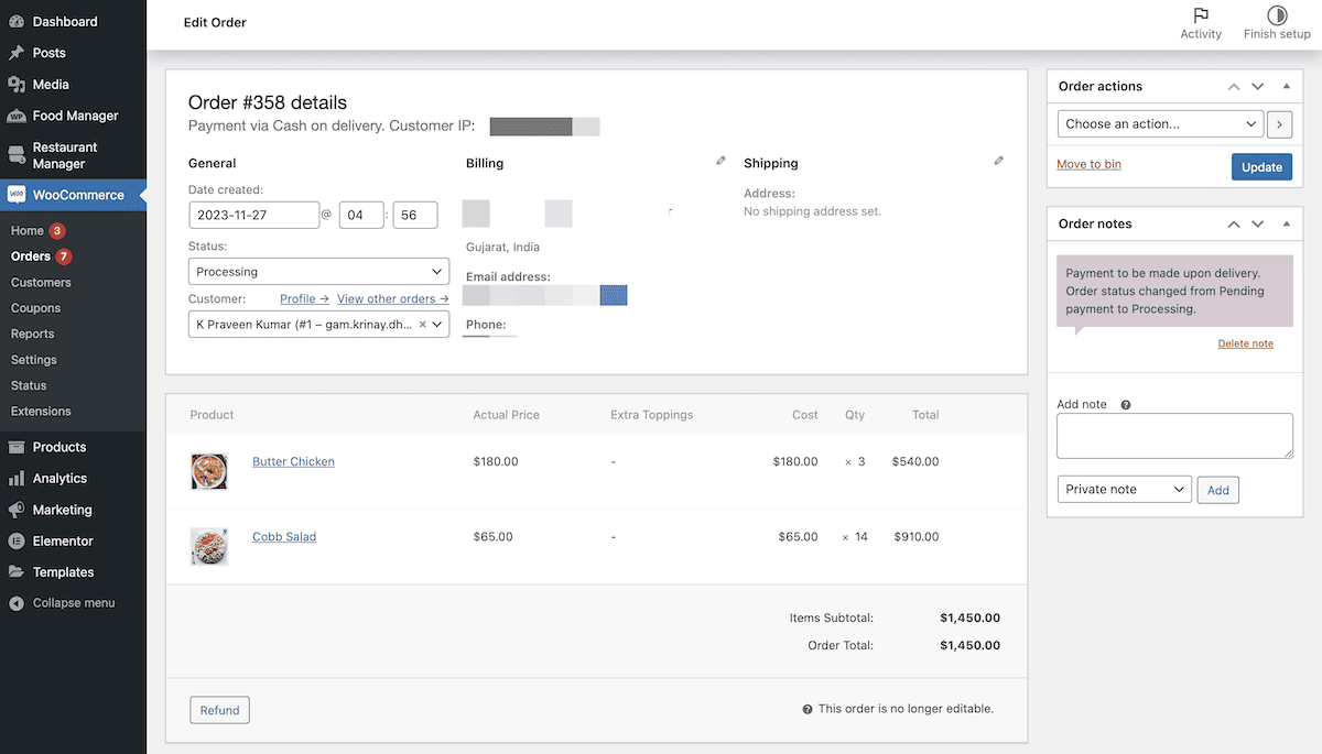 Pesanan makanan disimpan dalam panel admin WordPress Woo.