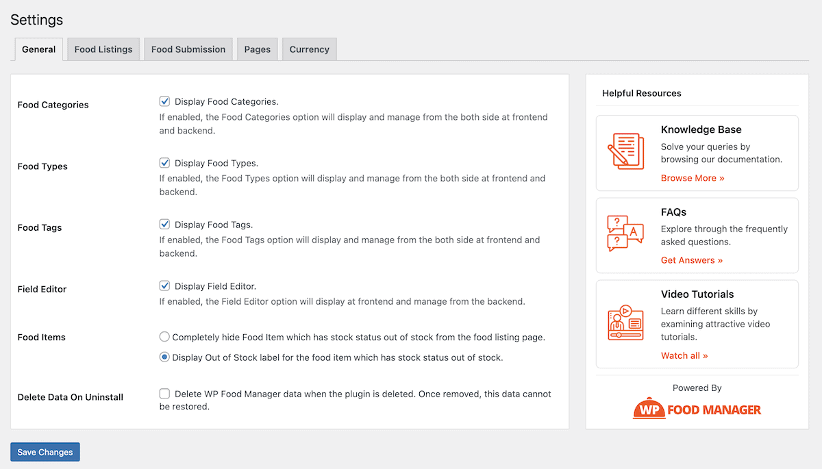 La página de configuración de WP Food Manager.