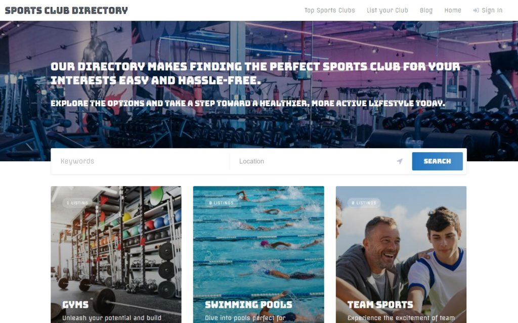 Site-ul web cu directorul sportiv local WordPress.