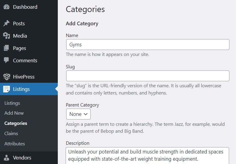 Adăugarea de categorii de listări pe site-ul web creat de HivePress.