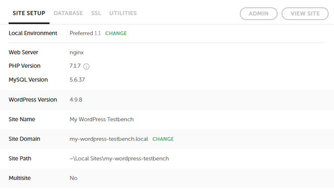 สกรีนช็อตของตัวเลือกการตั้งค่า wp ในเครื่อง