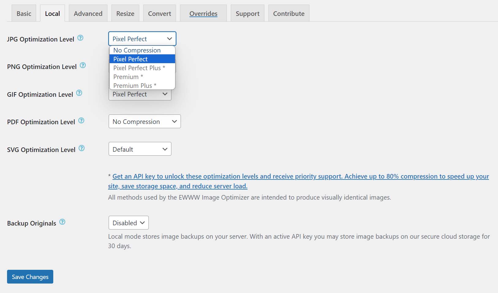 Configuración de optimización local del complemento optimizador de imágenes ewww