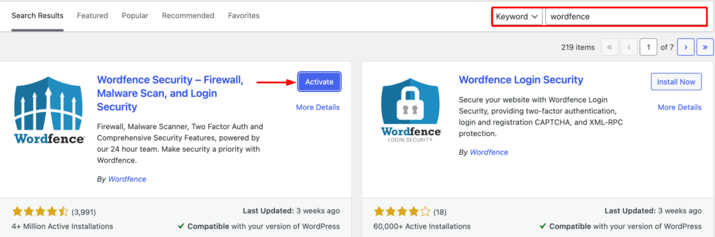 لقطة شاشة لتثبيت Wordfence على موقع WordPress الخاص بك