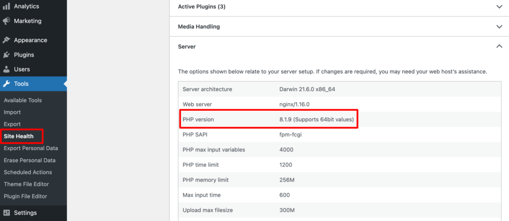 Această imagine arată versiunea PHP a unui site WordPress