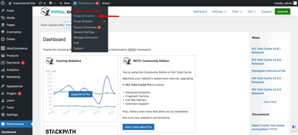 Esta imagem mostra como limpar o cache do WordPress