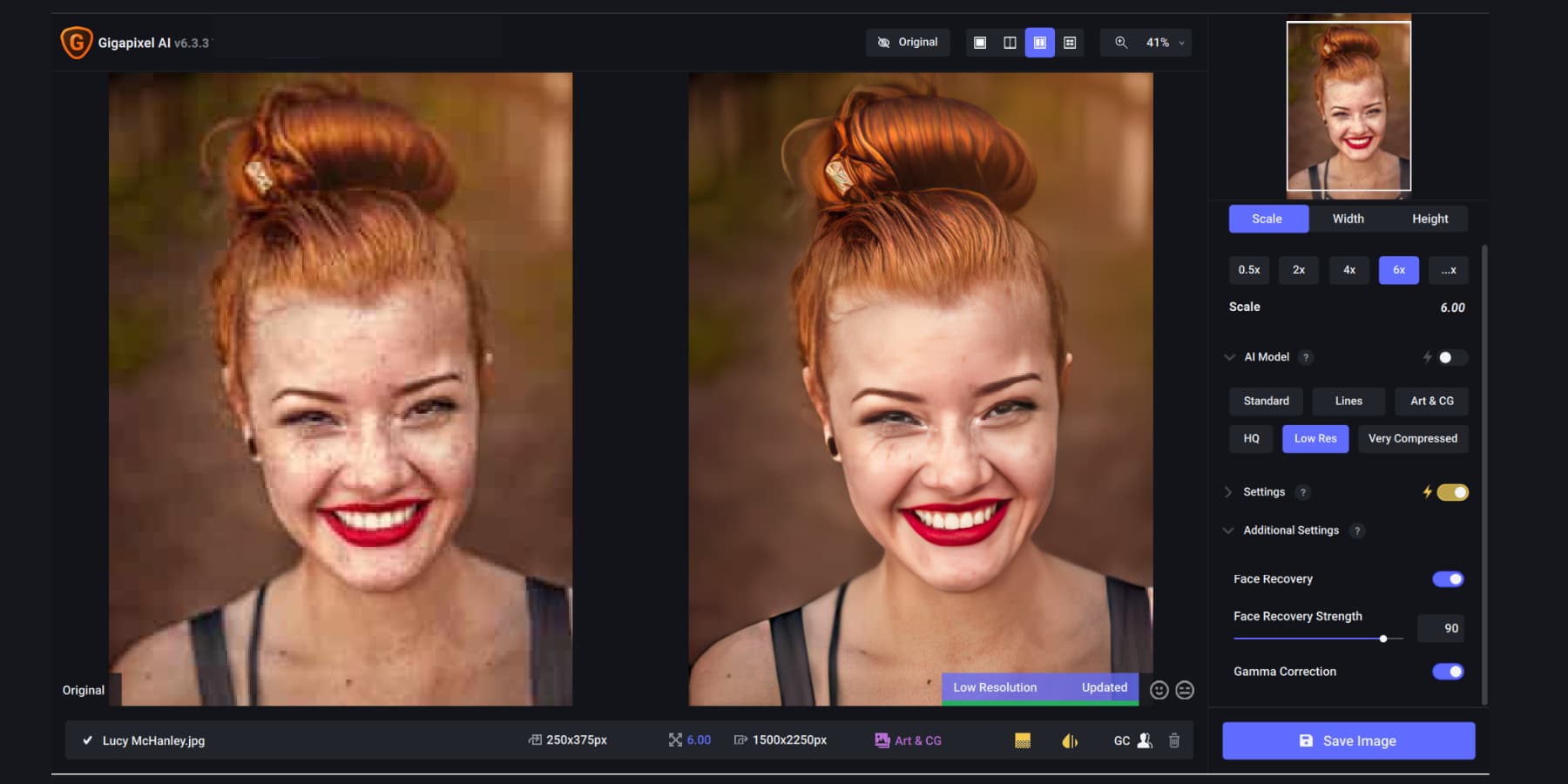 Скриншот попыток восстановления лица с помощью Gigapixel AI